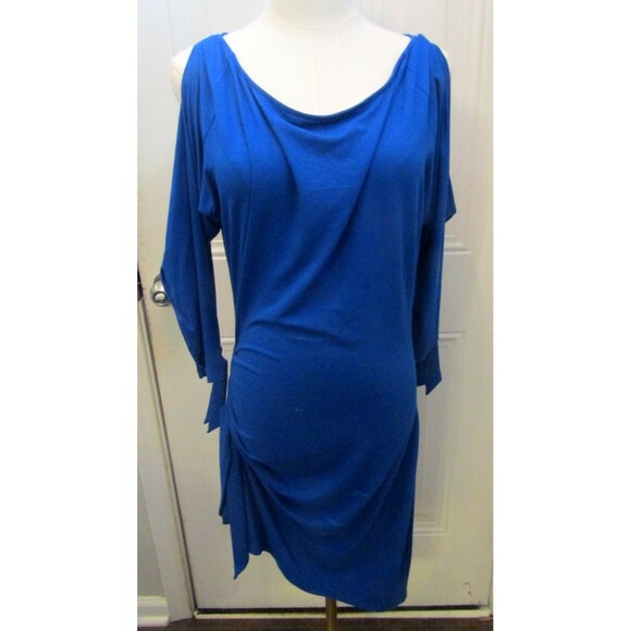 Cache Dress Blue Knee Length Slit Sleeves Roughed Side Stretchy Womens Size M - Picture 2 of 8